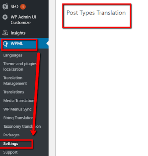 The back-end of WordPress where "Post Types Translation" is located in the WPML plugin.