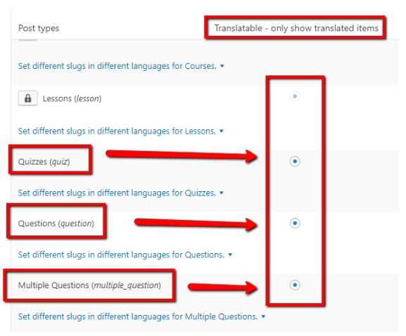 The radio buttons labeled as quizzes, questions, and multiple questions enabled in the WPML section of WordPress.