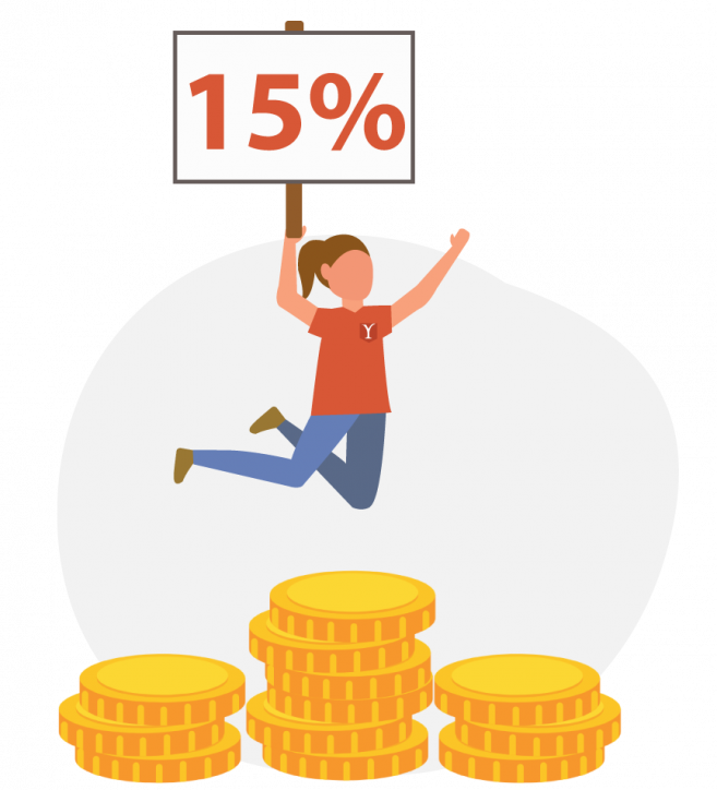 15% New Client Discount is one of Glyph's special offers: Person jumping into the air above three coin stacks holding a sign that says 15%.