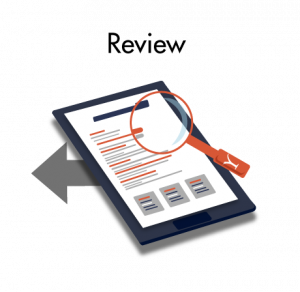 A tablet with a document and a magnifying glass, represeting a stage in the translation and localization projects