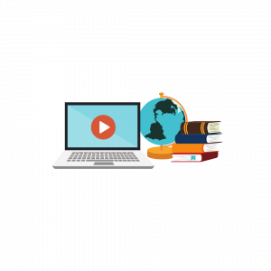 Computer screen and books representing eLearning localization services that Glyph delivers