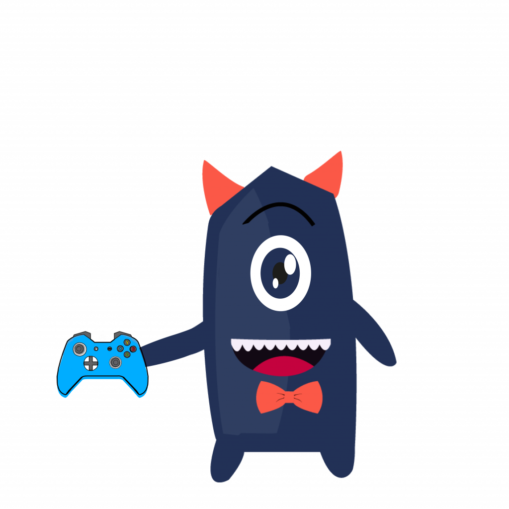 A cartoon monster with a single eye and devilish horns holding a game controller, representing the target audience of game localization services and app store optimization