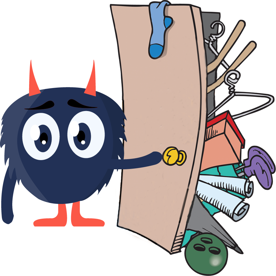 A playful cartoon monster peeking behind a cluttered closet door, showcasing various items like a bowling ball, hanger, and books, symbolizing the unexpected surprises in game localization