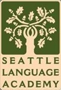 Logo of Seattle Language Academy featuring an intricate oak tree with interlocking branches, leaves, and acorns, symbolizing the interconnectedness of languages and cultures, with the academy's name at the bottom